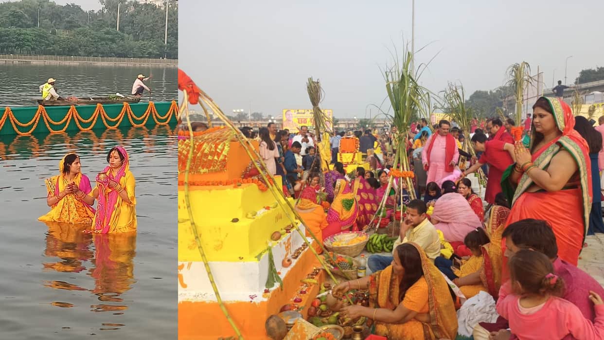 Women offer prayer on Chhath Puja on banks of river Gomati in Lucknow.
