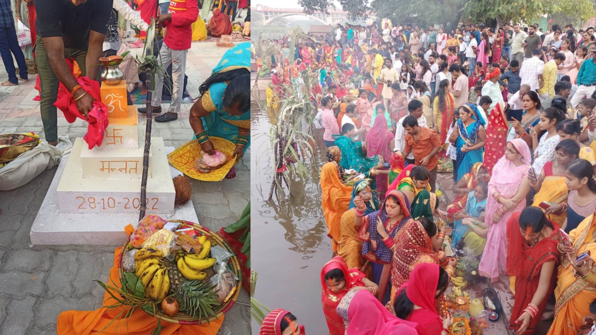 Women offer prayer on Chhath Puja on banks of river Gomati in Lucknow.