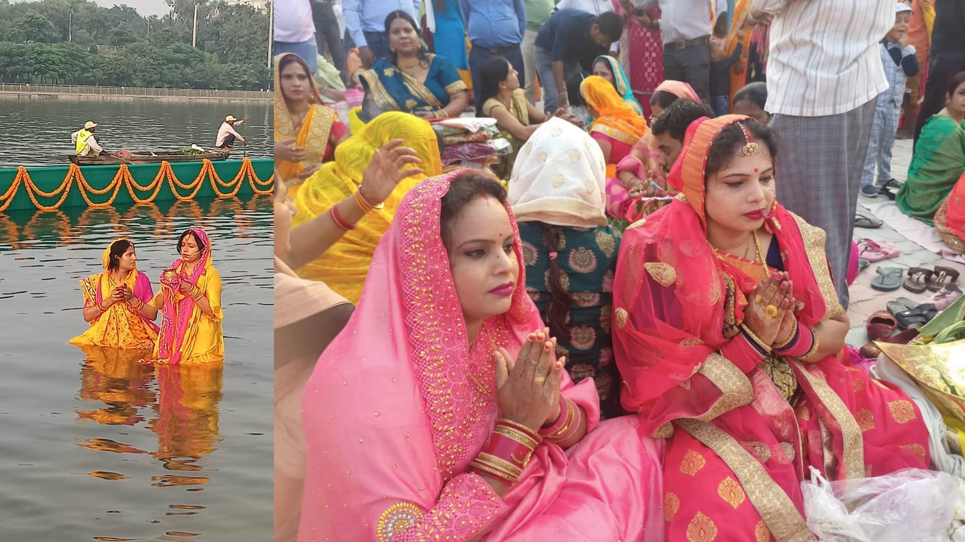 Women offer prayer on Chhath Puja on banks of river Gomati in Lucknow.