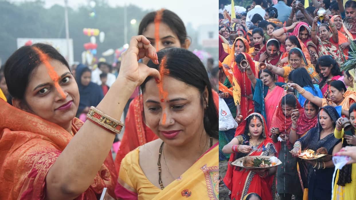 Women complete their fast of Chhath Puja on Monday morning.