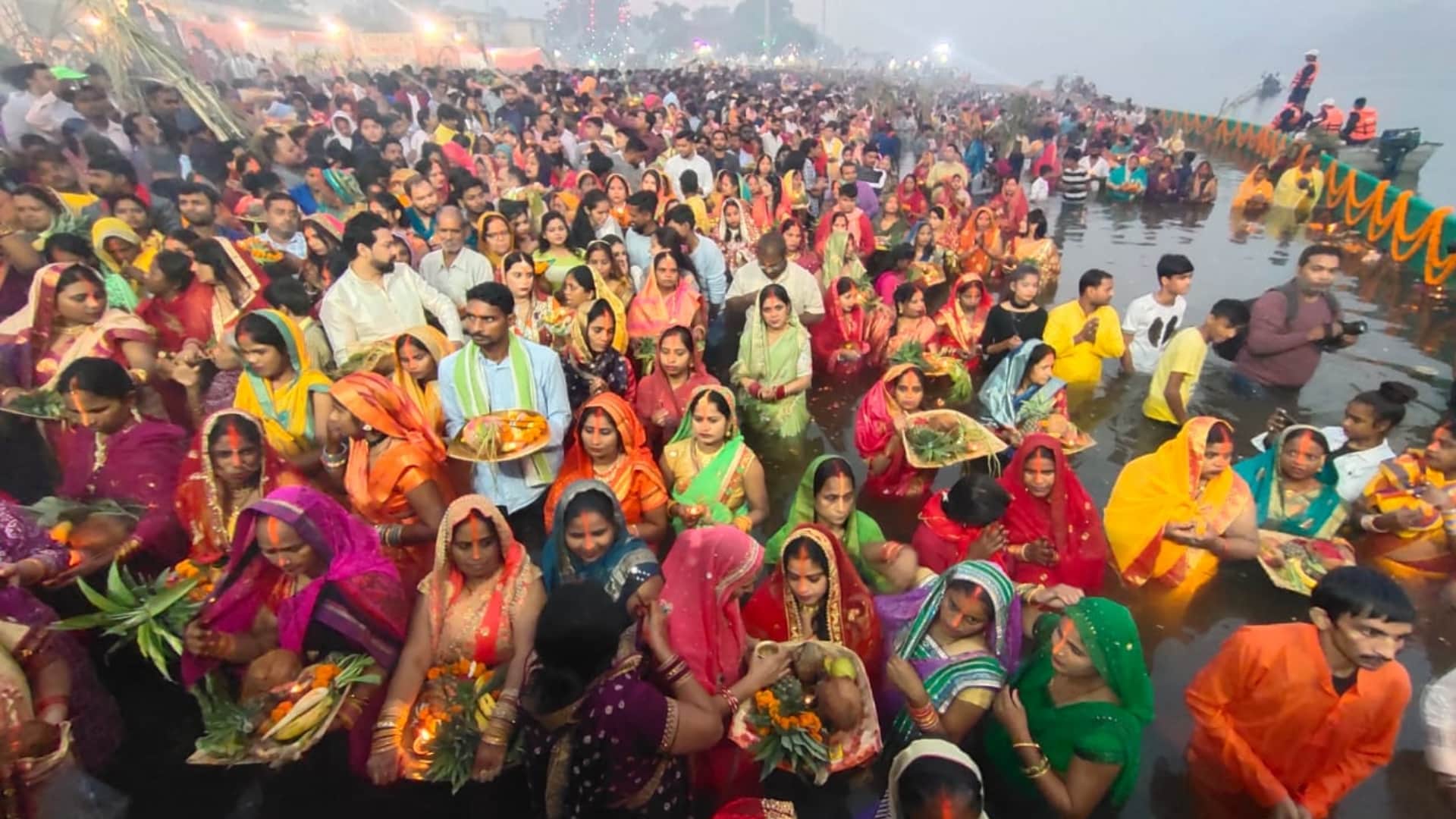 Women complete their fast of Chhath Puja on Monday morning.