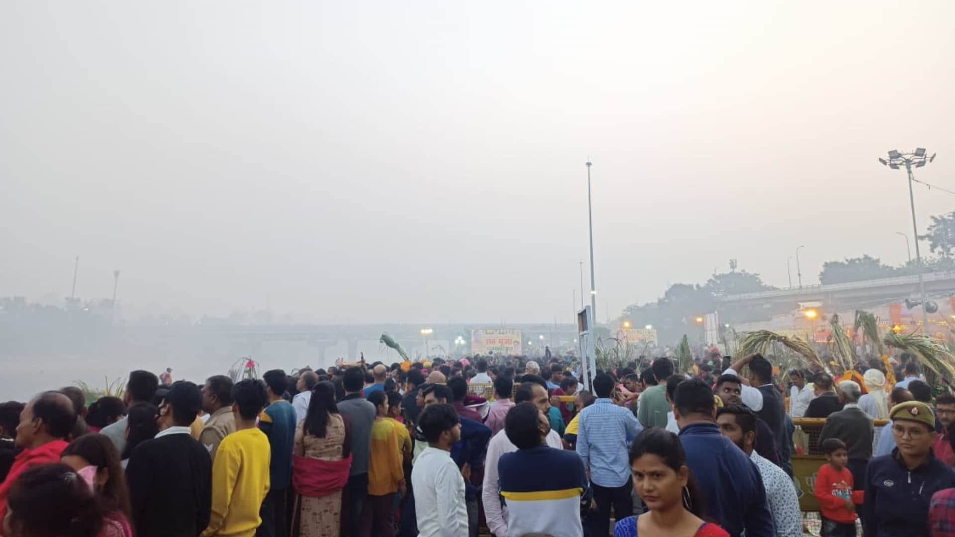 Women complete their fast of Chhath Puja on Monday morning.