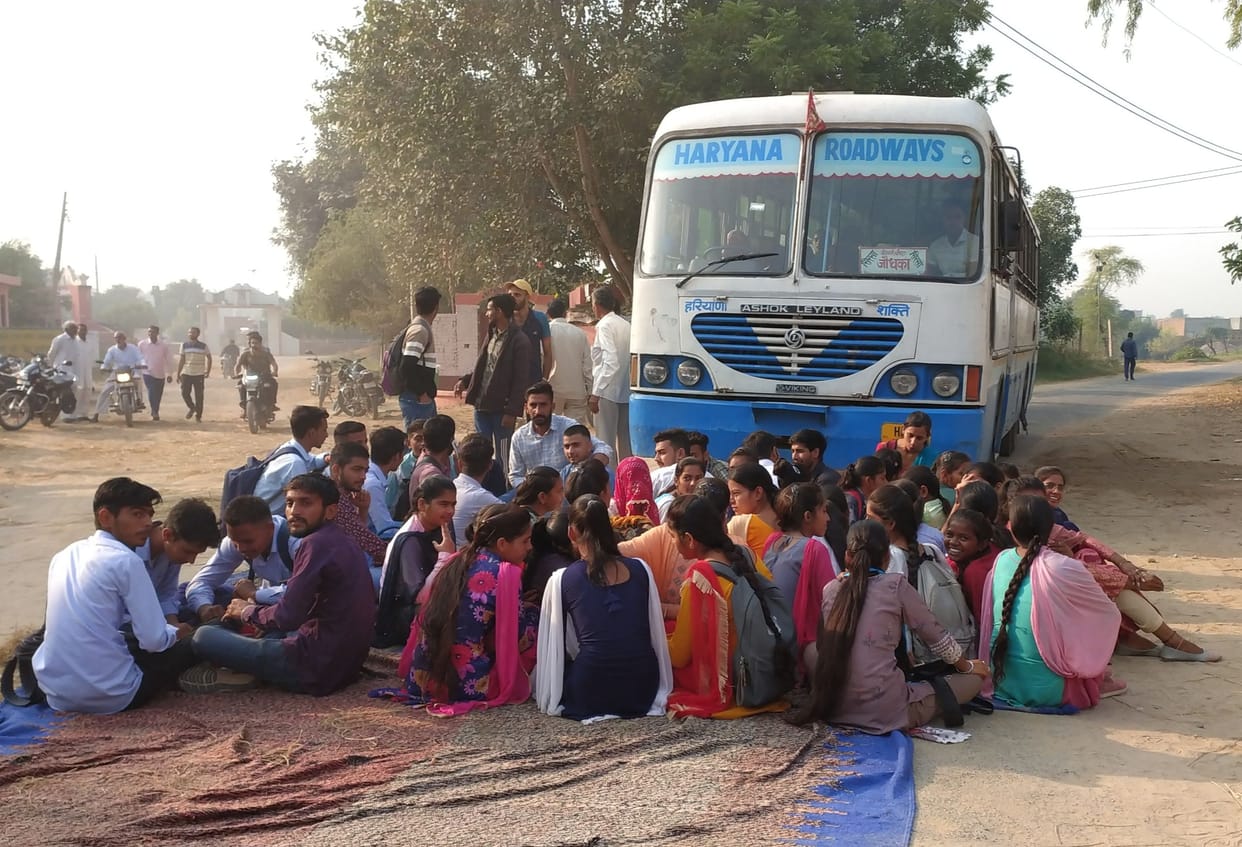 Students staging a bus stop in Jodhkan