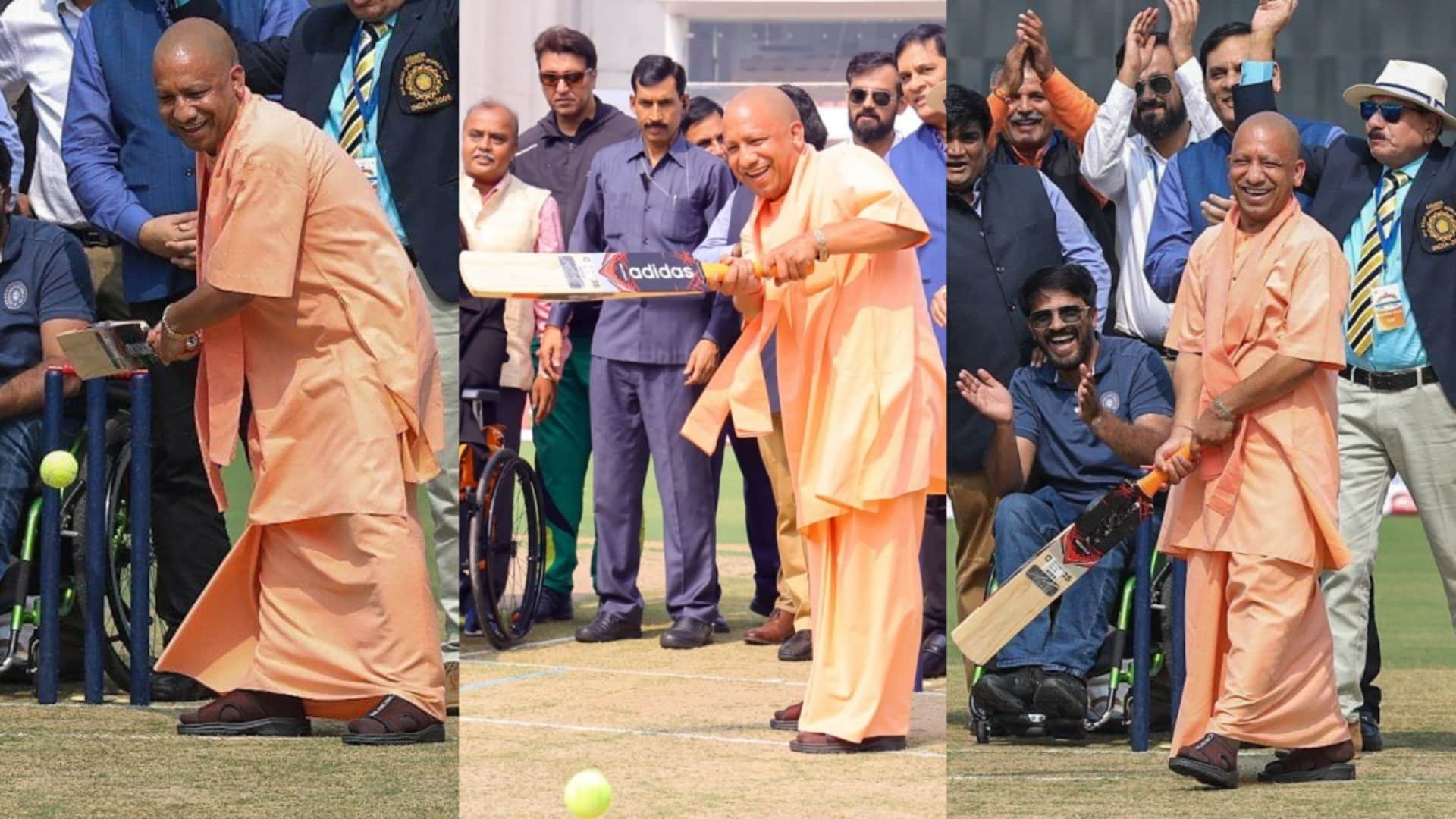 Pics of CM Yogi Adityanath playing cricket with divyang in Lucknow.