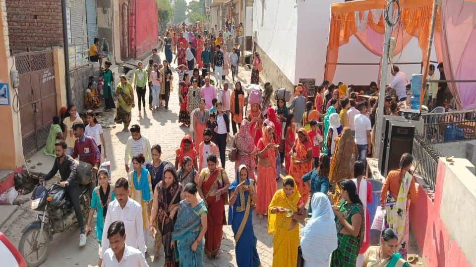 crowd of devotees gathered on the parikrama marg in Mathura on Akshaya Navami