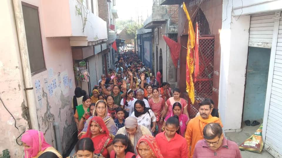 crowd of devotees gathered on the parikrama marg in Mathura on Akshaya Navami