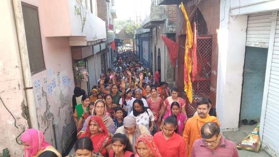 crowd of devotees gathered on the parikrama marg in Mathura on Akshaya Navami