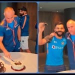 मेलबर्न में केक काटते विराट कोहली और पैडी अप्टन