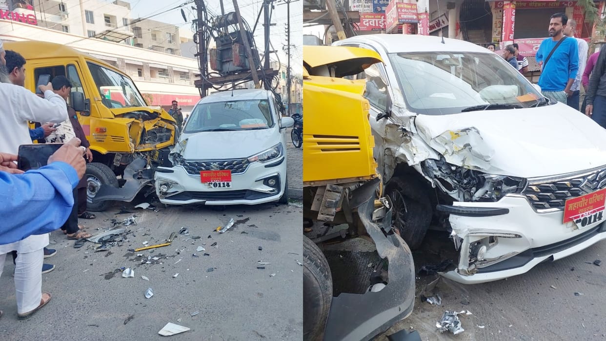 School bus collided with BJP councilor car one child injured in Indore