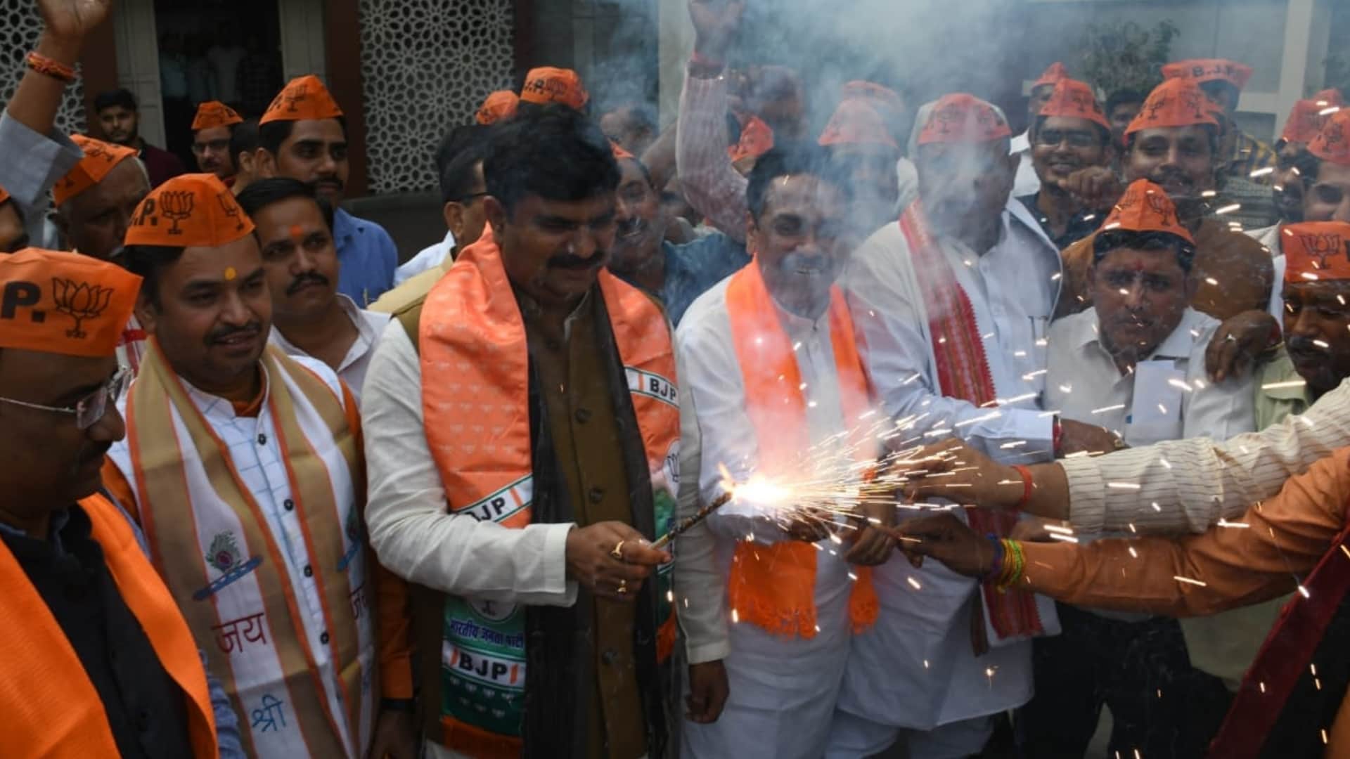 BJP activists celebrate win in bypoll election.