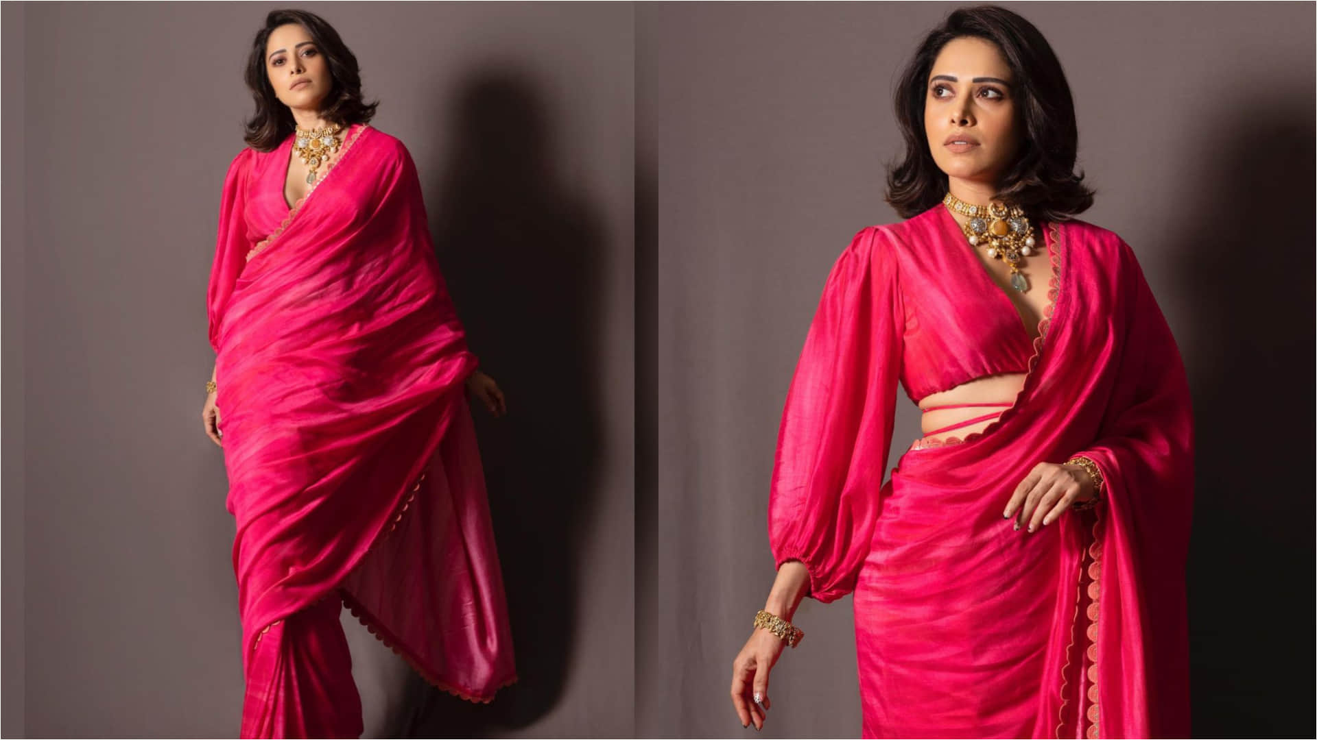 nushrat bharucha looks oh so gorgeous in fuchsia pink saree with bold design neckline blouse