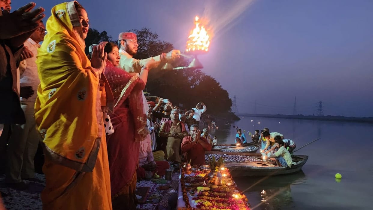 Echoes of Ganga Maiya, devotees gathered at the ghats