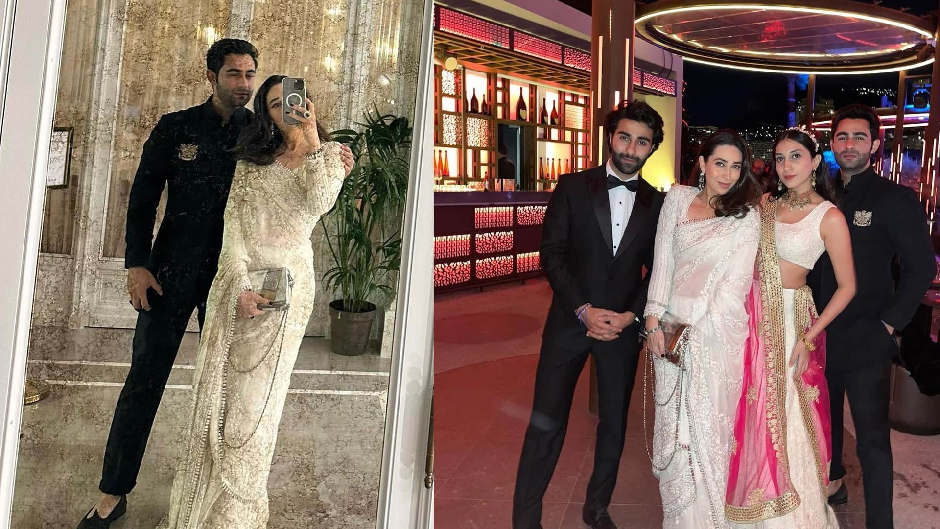 karisma kapoor perfect wedding guest in ivory saree from manish malhotra in monaco