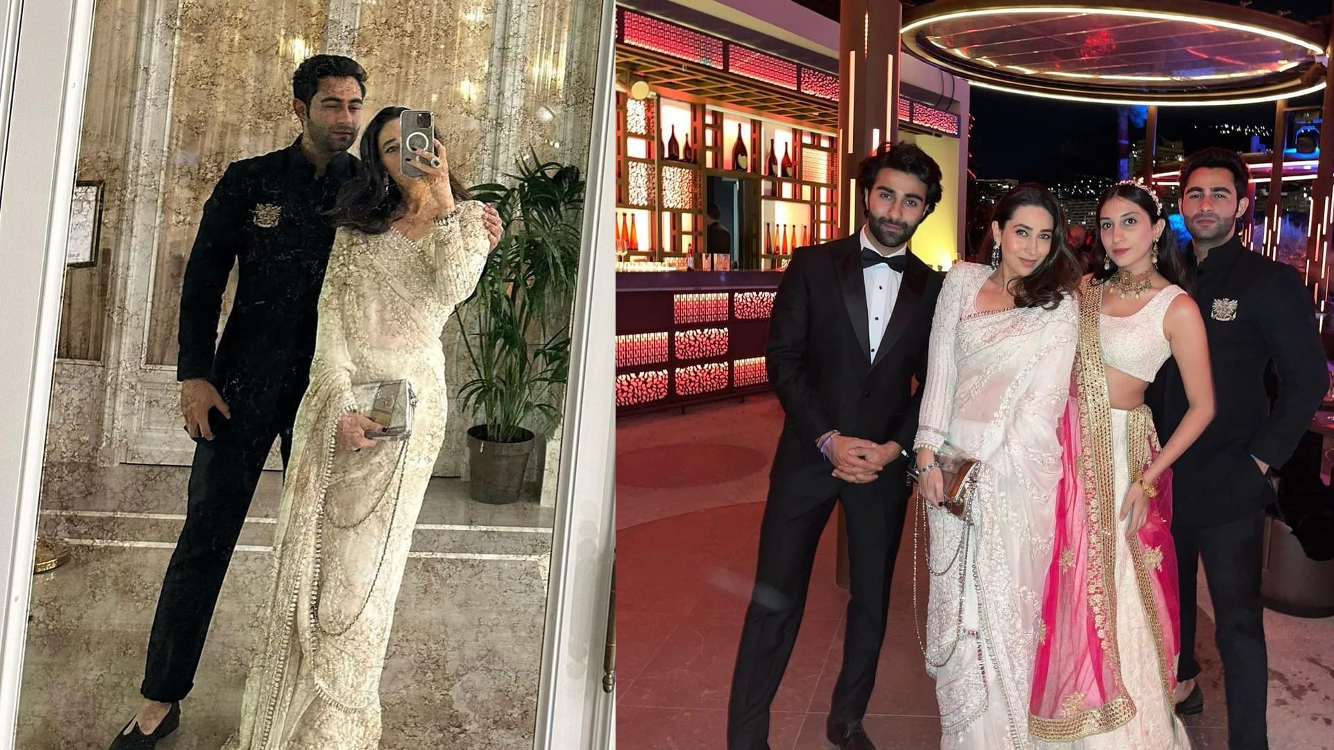 karisma kapoor perfect wedding guest in ivory saree from manish malhotra in monaco