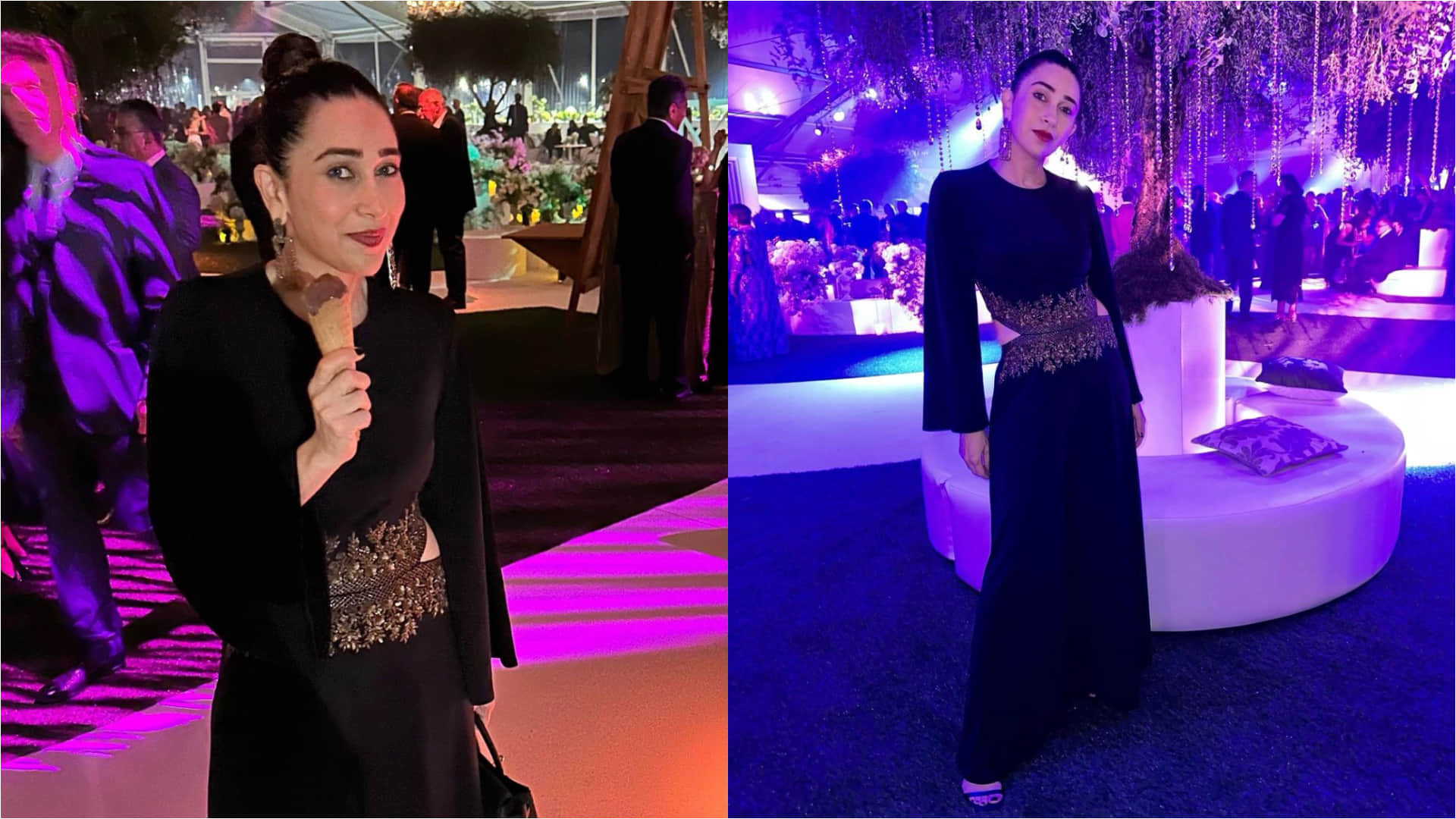 karisma kapoor perfect wedding guest in ivory saree from manish malhotra in monaco