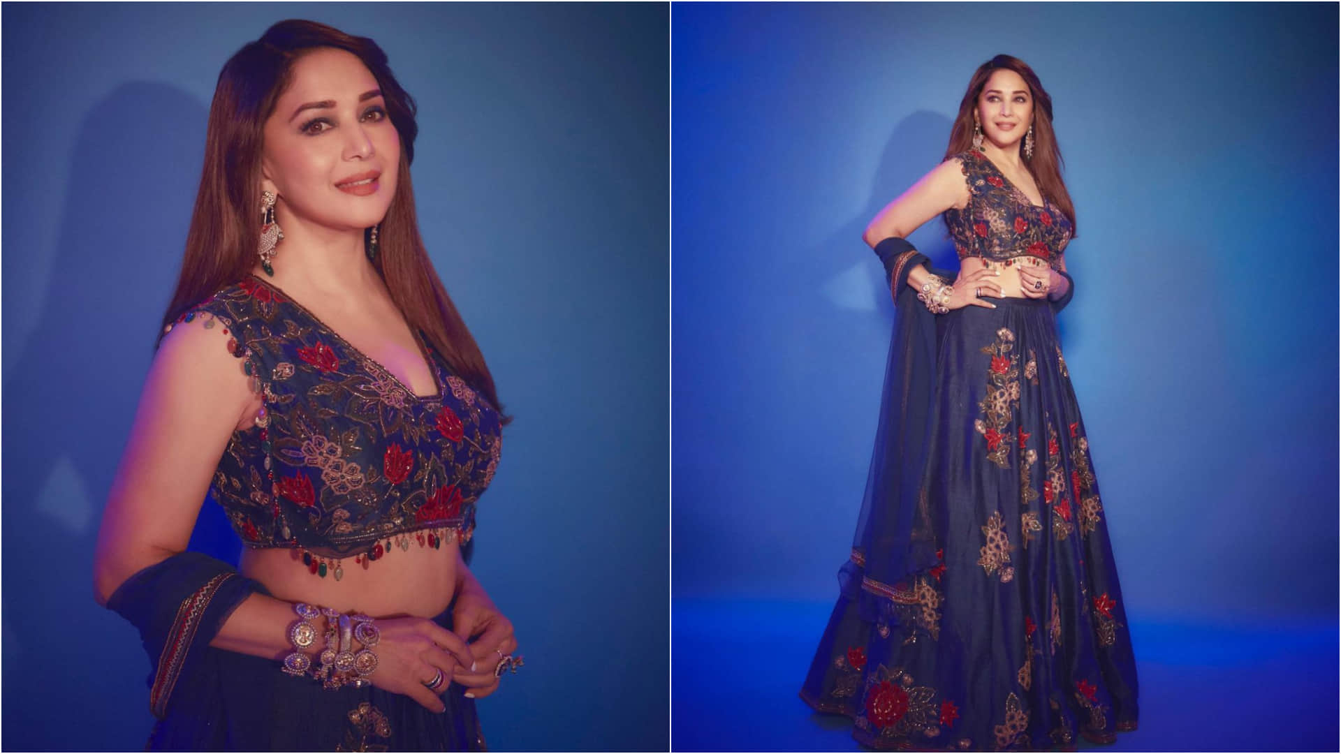 madhuri dixit looks charming in ivory lehenga set with emerald necklace