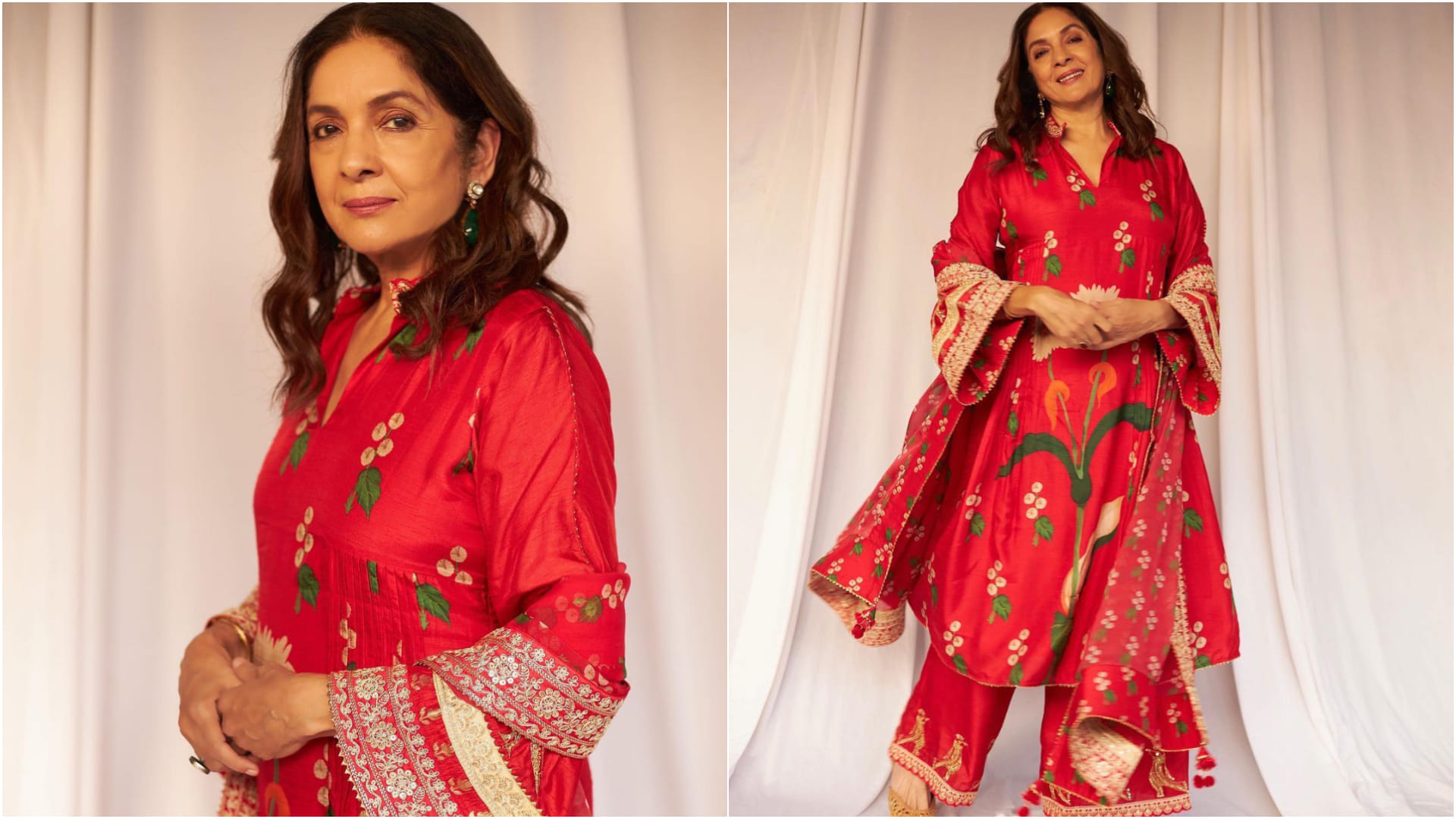 neena gupta in white and black saree with unique design blouse for uunchai promotion