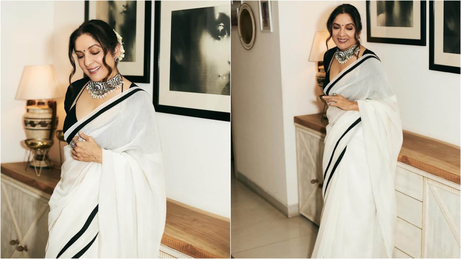 neena gupta in white and black saree with unique design blouse for uunchai promotion