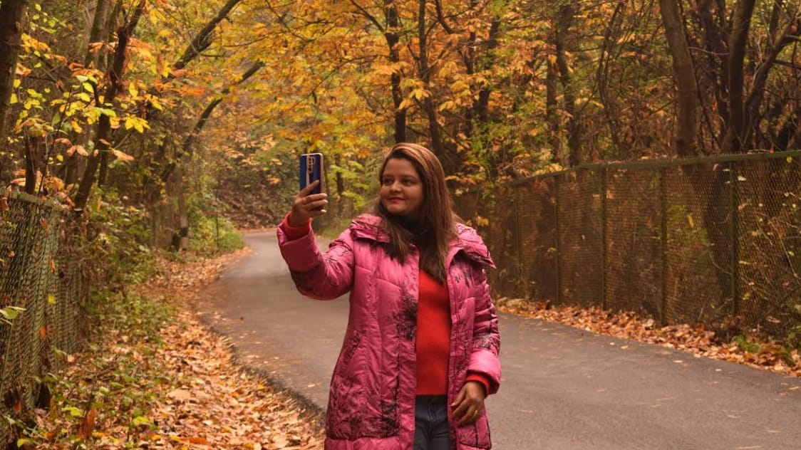 Autumn in Kashmir images began After snowfall on mountains, now red poplar leaves turned red