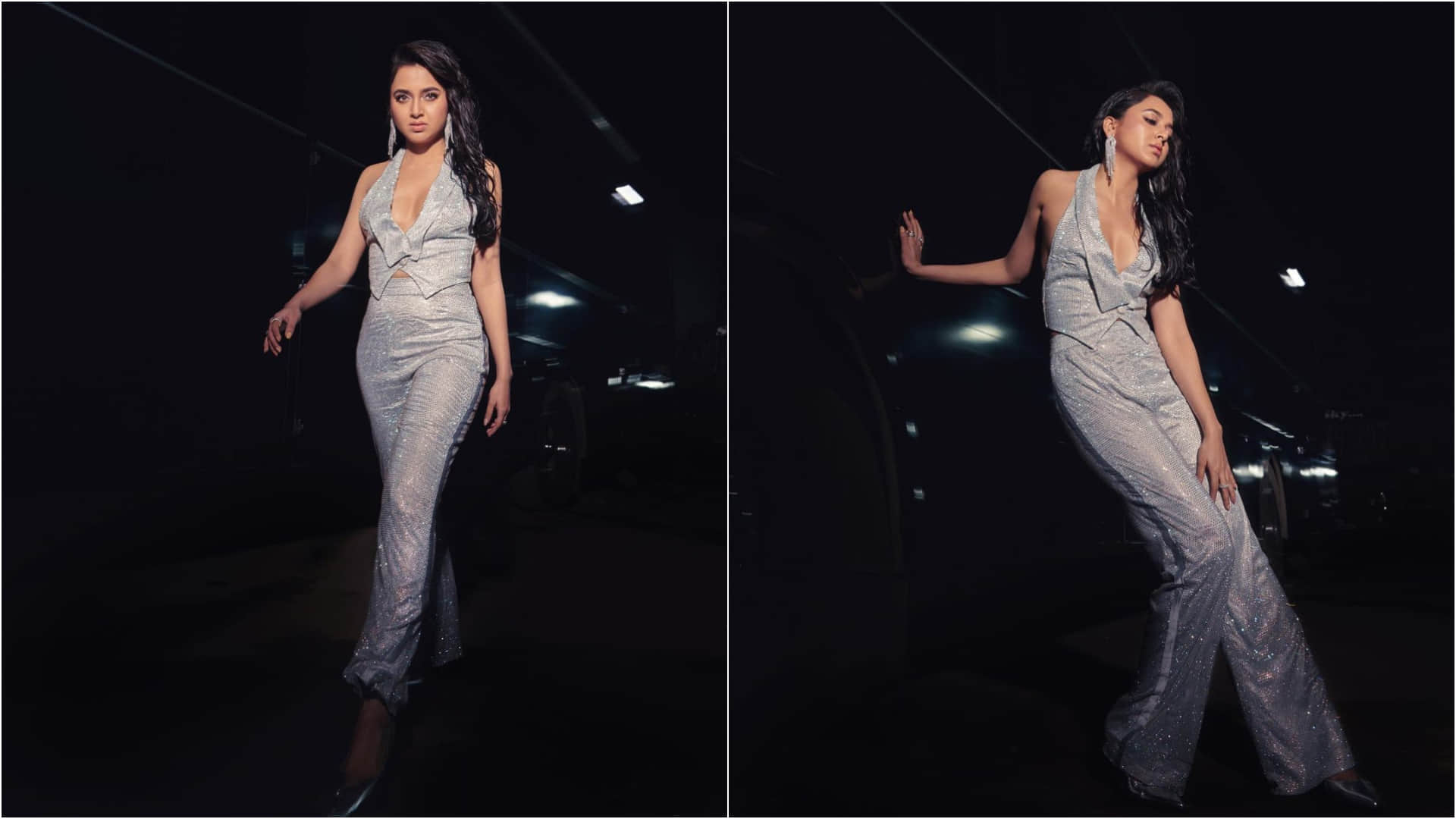 tejasswi prakash blingy silver co-ord with bold twist in an award function