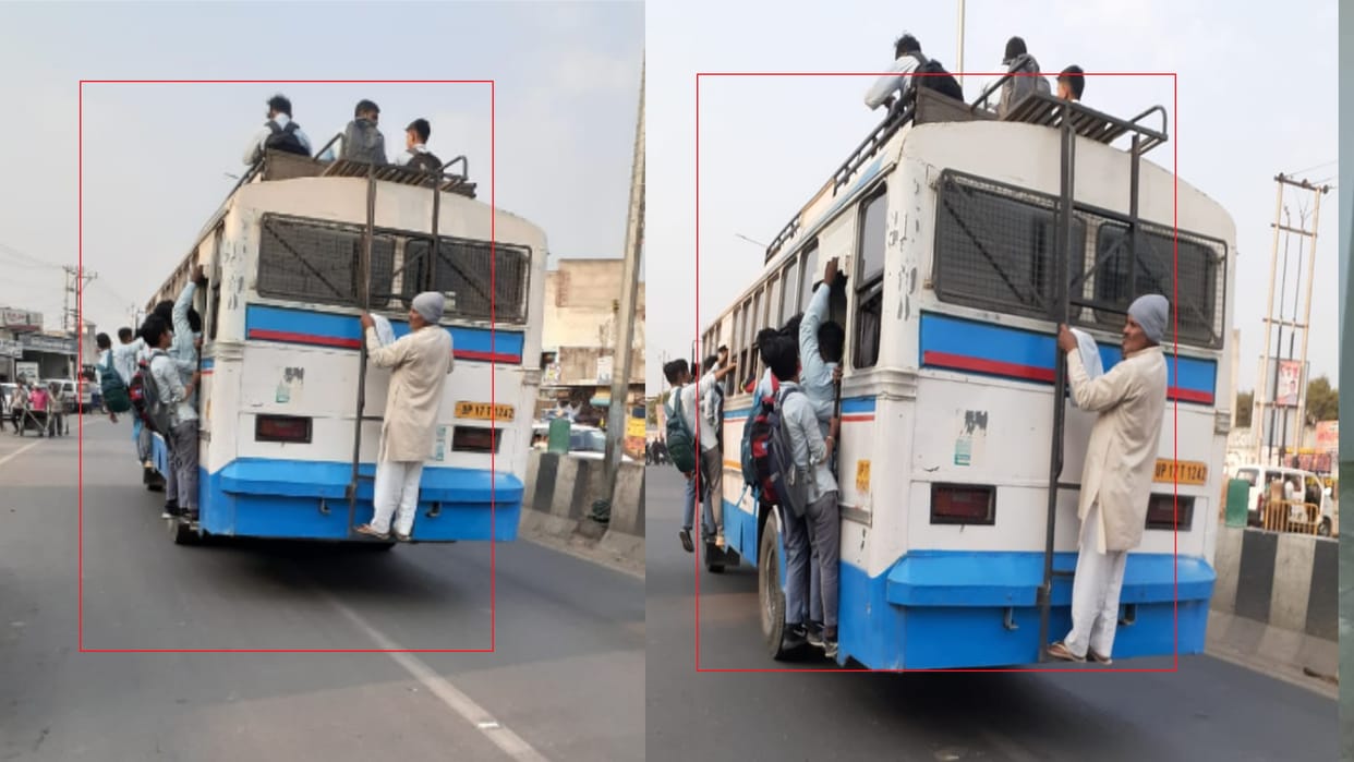 Life in danger, people traveling by hanging behind buses and sitting on roofs Keeping rules apart in Baghpat