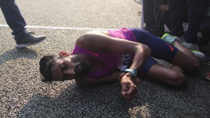 Vikram Bangaria the runner-up fell down after reaching the finish line