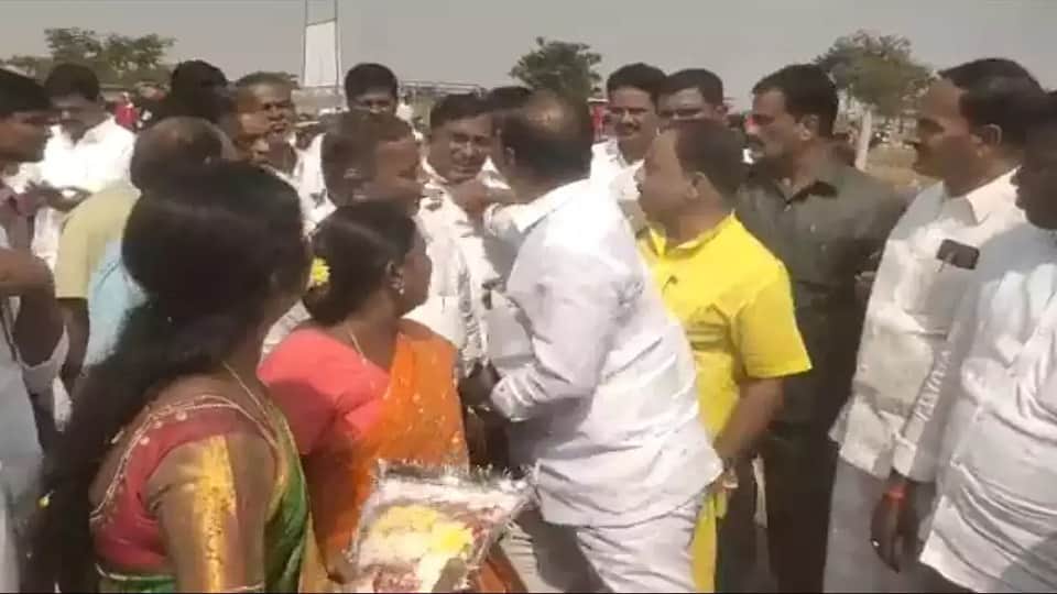 TRS MLA Krishna Mohan Reddy holds government official collar in viral video