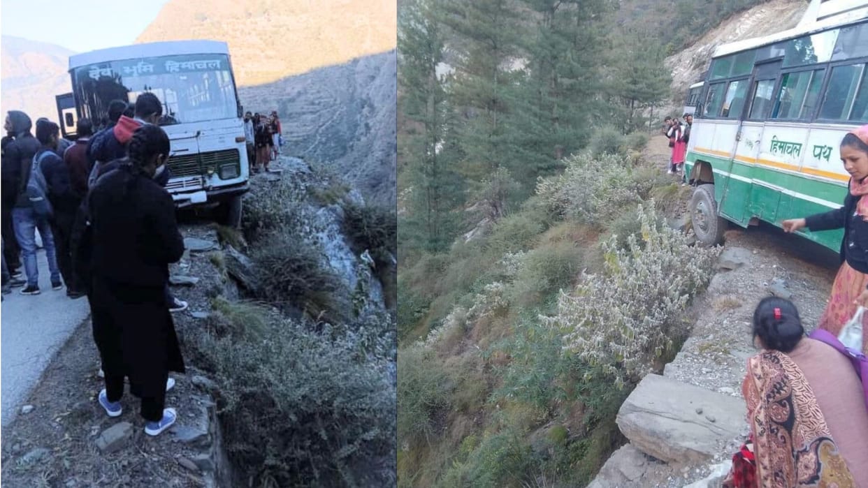 HRTC bus veers off road Narrow escape for passengers in Kullu Himachal Pradesh