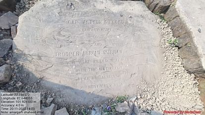 डुमरियागंज स्थित अमरगढ़ शहीद स्थल अंग्रेजों की  कब्र पर अंग्रेजी में लिखा हुआ उनका नाम।