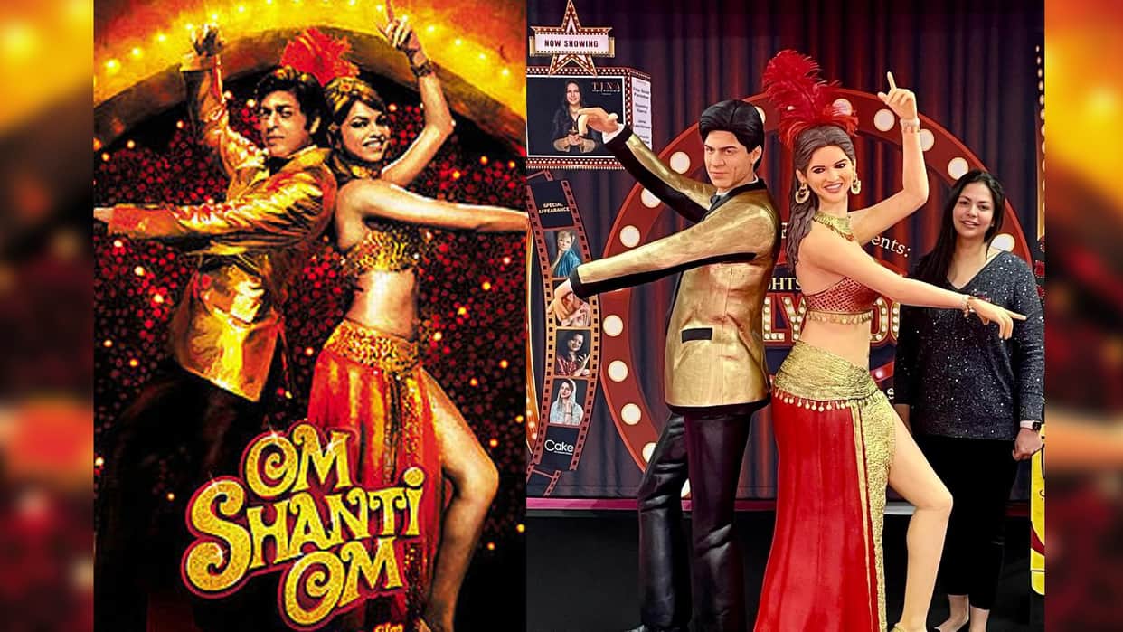 Shah Rukh Khan Deepika Padukone Om Shanti Om iconic pose cake on main display at Cake International Birmingham