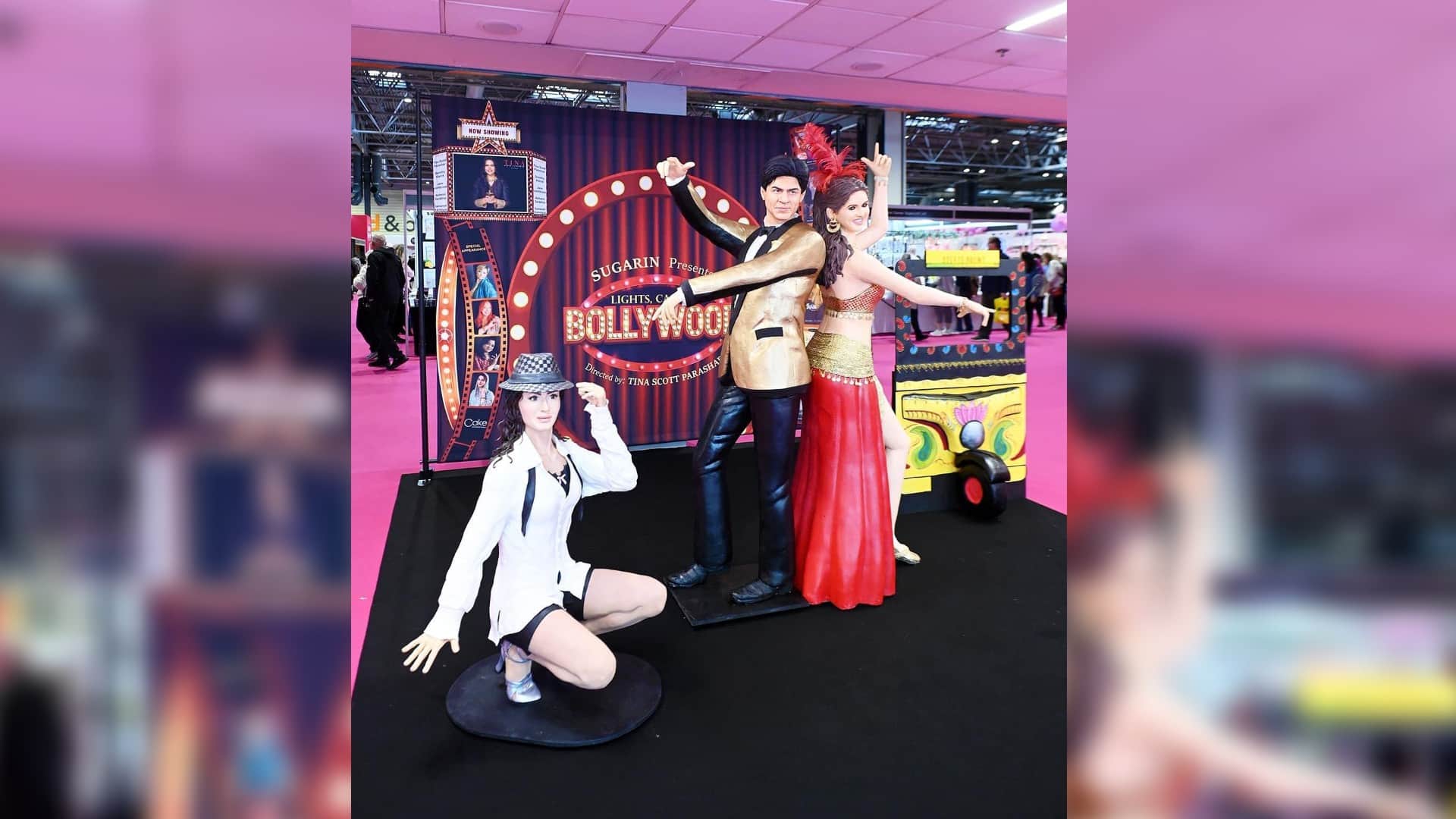 Shah Rukh Khan Deepika Padukone Om Shanti Om iconic pose cake on main display at Cake International Birmingham
