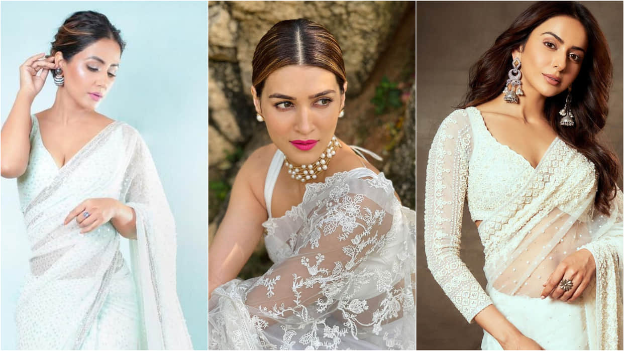 White Saree Ideas Inspired By Bollywood Actress Kriti Sanon Hina Khan Rakul Preet Singh See Photos