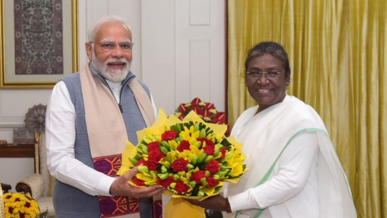 Prime Minister Narendra Modi calls on President Droupadi Murmu at Rashtrapati Bhavan
