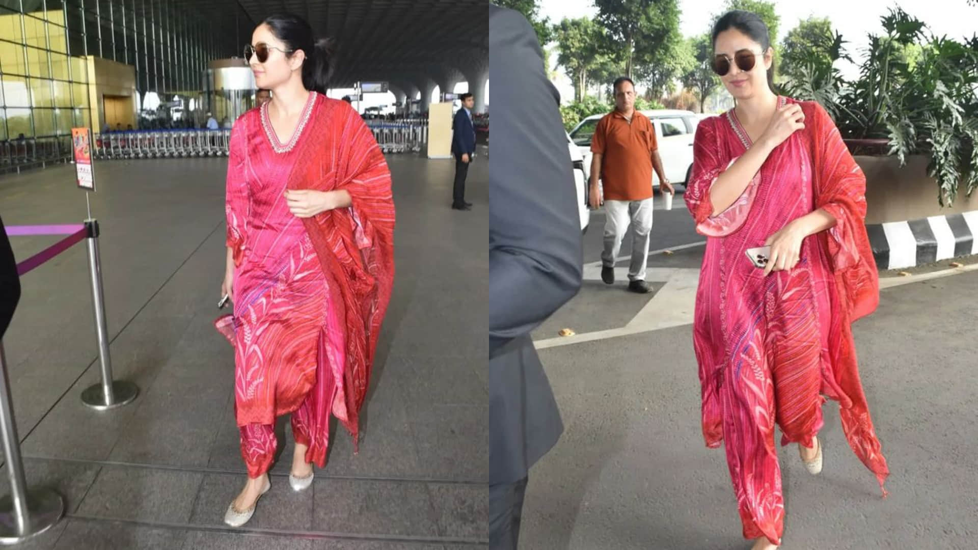 katrina kaif spot in airport wearing stunning pink kurta with jutti