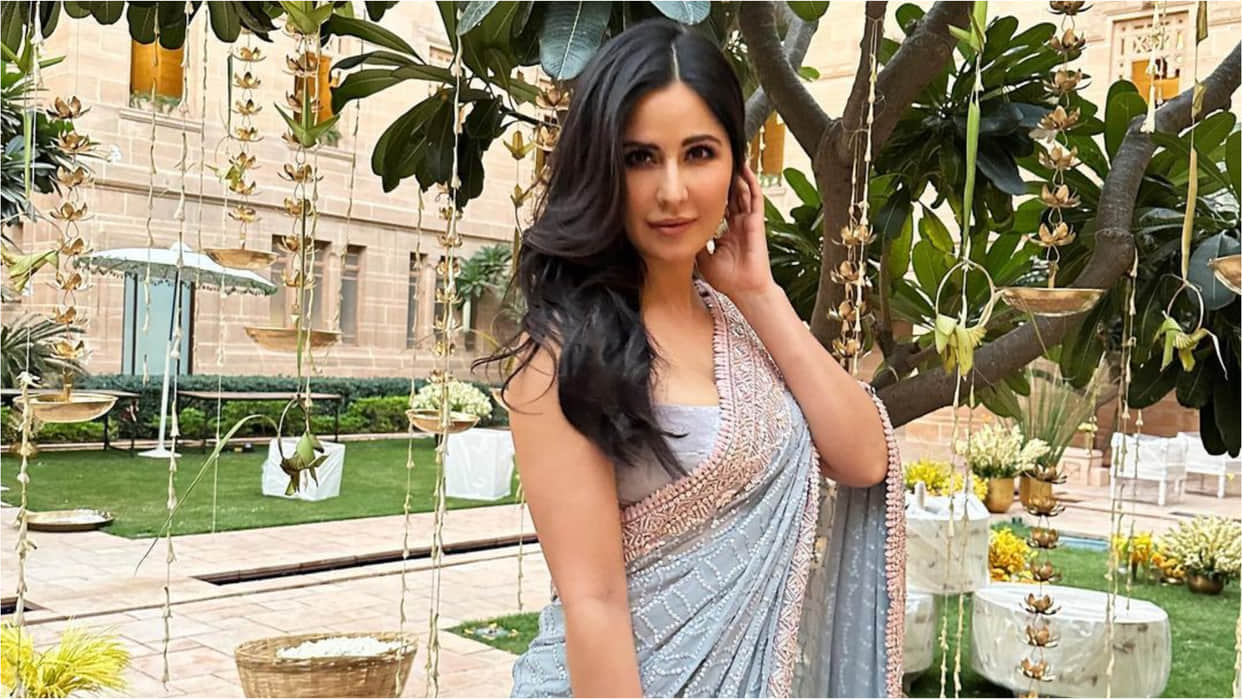 before first wedding anniversary katrina kaif get ready in grey blue saree for wedding