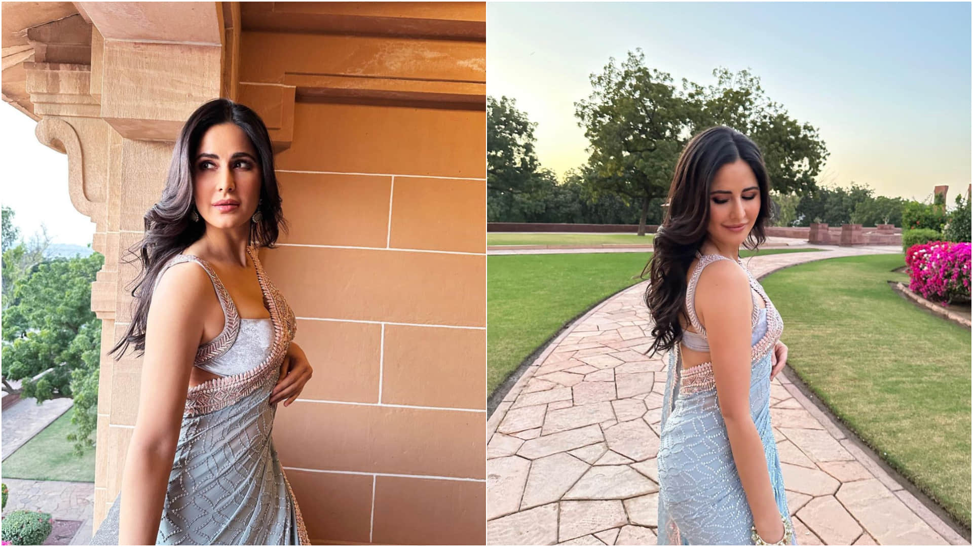 before first wedding anniversary katrina kaif get ready in grey blue saree for wedding