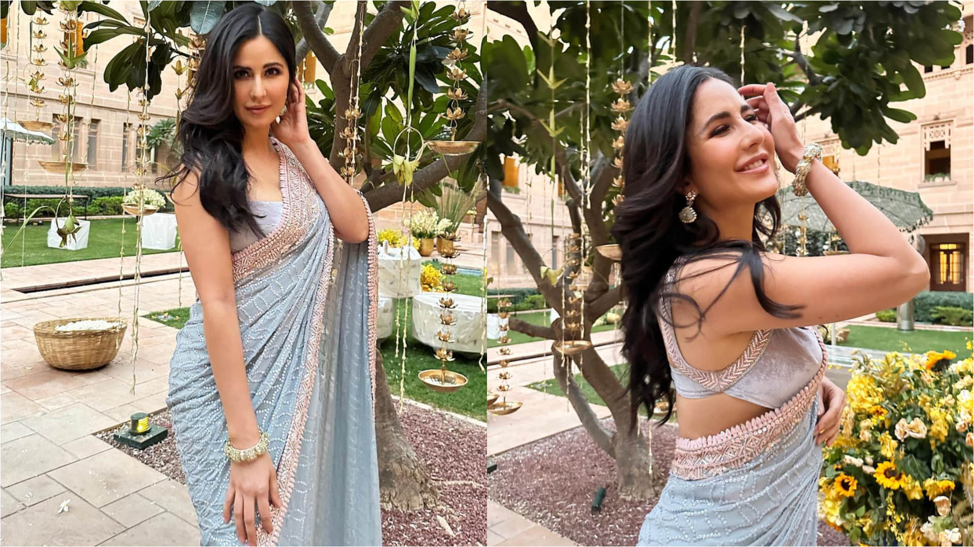 before first wedding anniversary katrina kaif get ready in grey blue saree for wedding