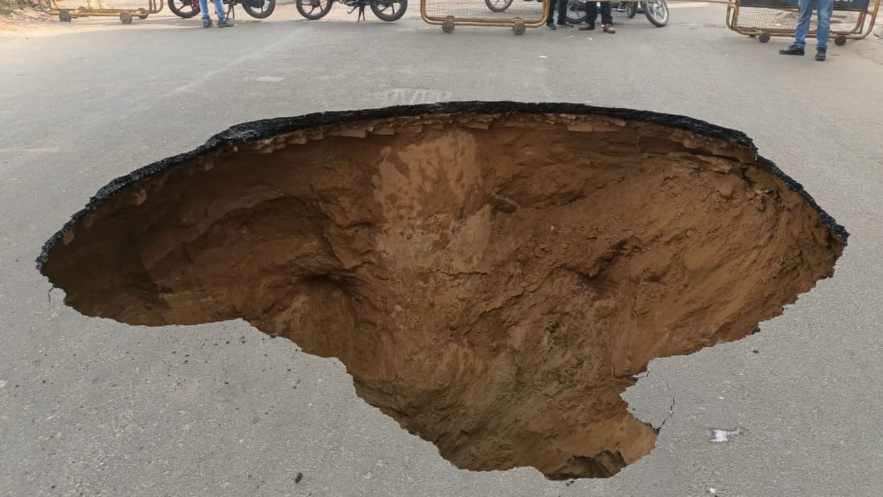 A road caved in in Vikas nagar area in Lucknow.