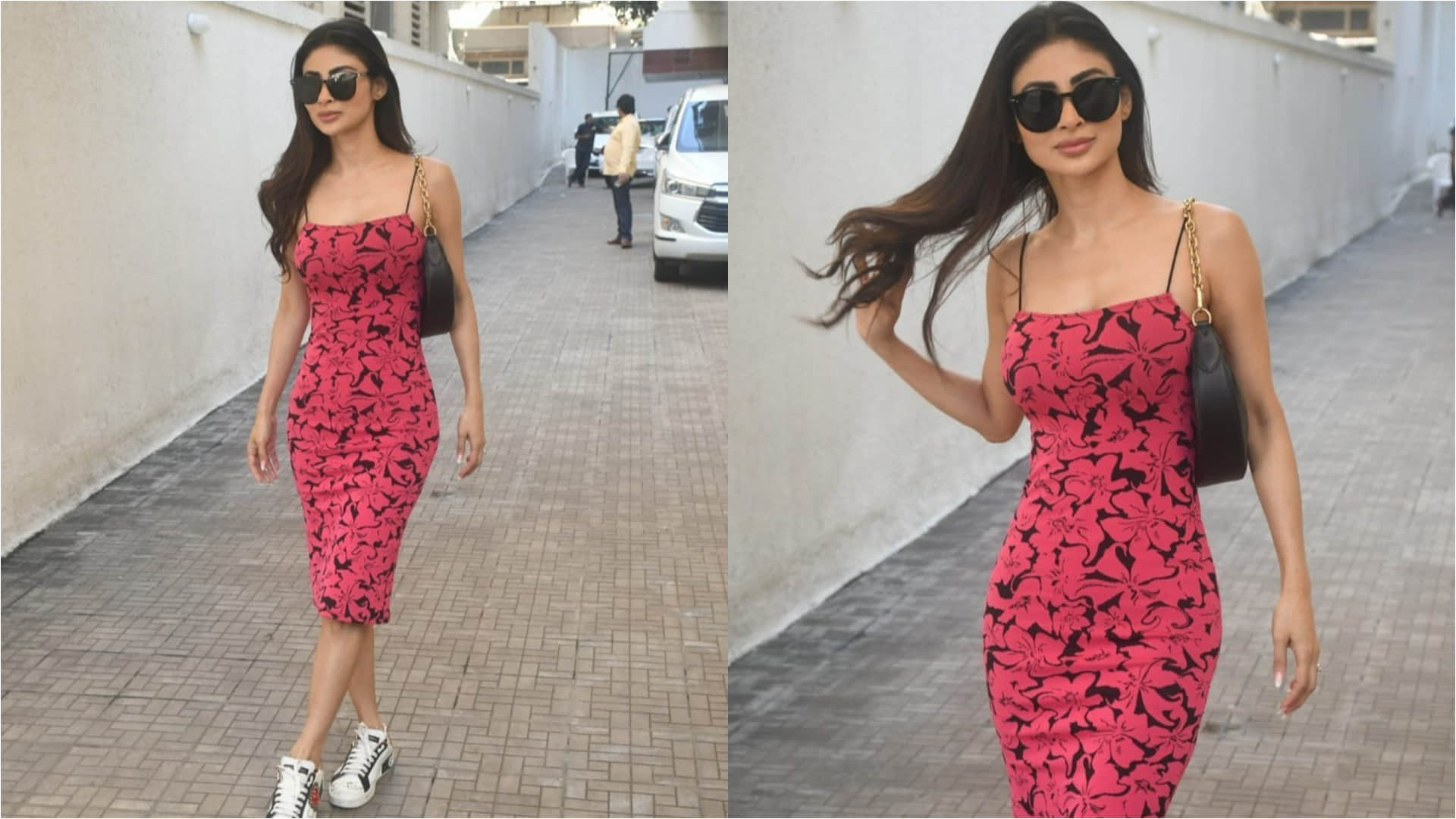 mouni roy adjust her extremely tight dress in front of camera wearing pink floral dress