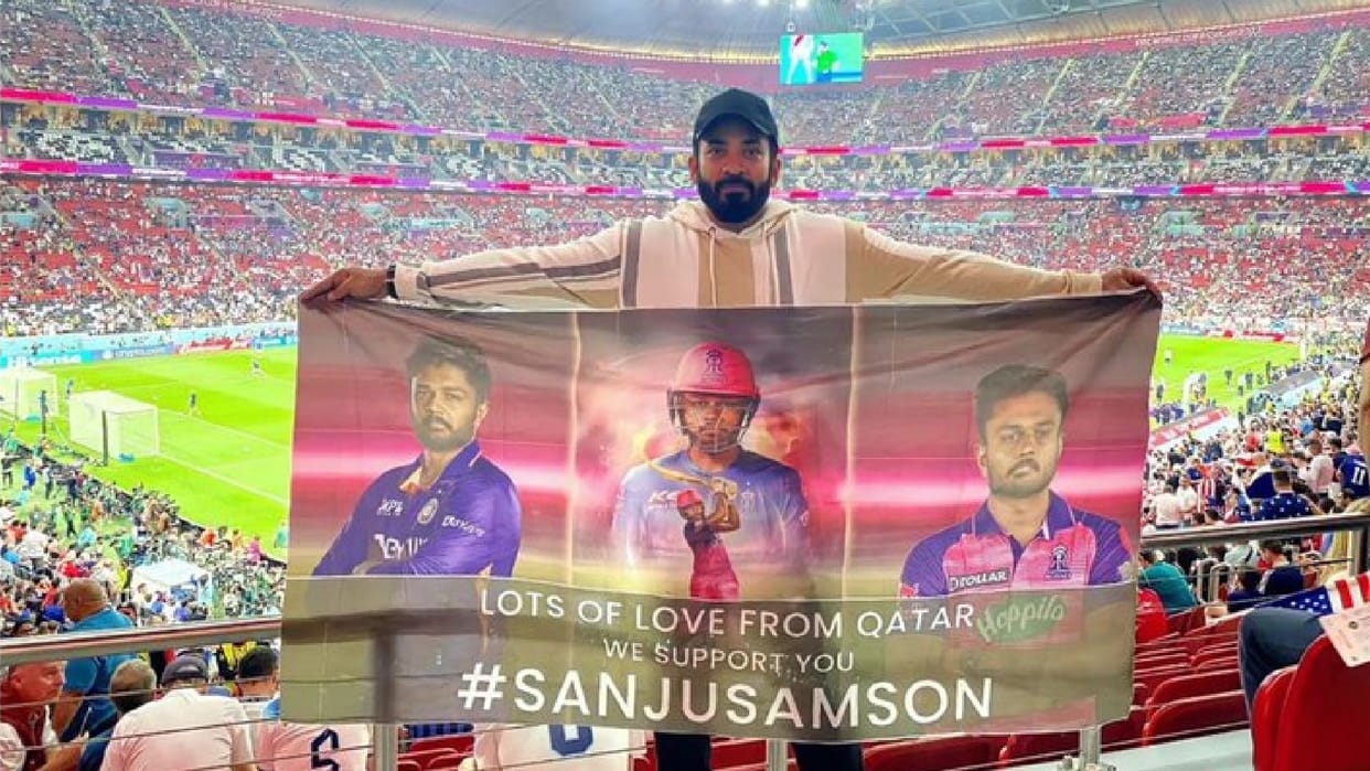 Rajasthan Royals Fans reached stadium in fifa world cup with banner supporting sanju samson