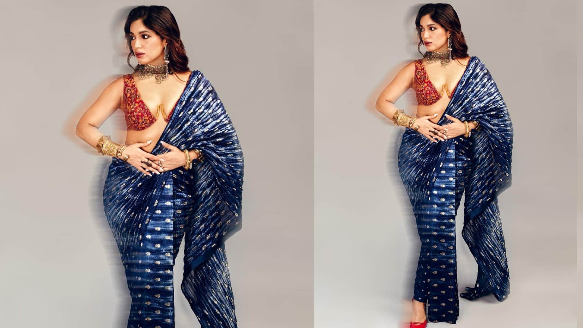 Bhumi Pednekar Bold Look in Blue Tie Dye Saree With Unique Designer Bralette Blouse