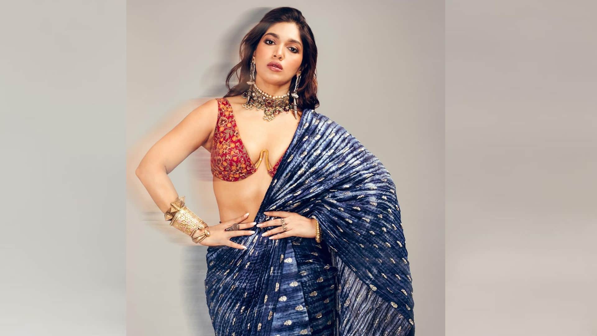 Bhumi Pednekar Bold Look in Blue Tie Dye Saree With Unique Designer Bralette Blouse