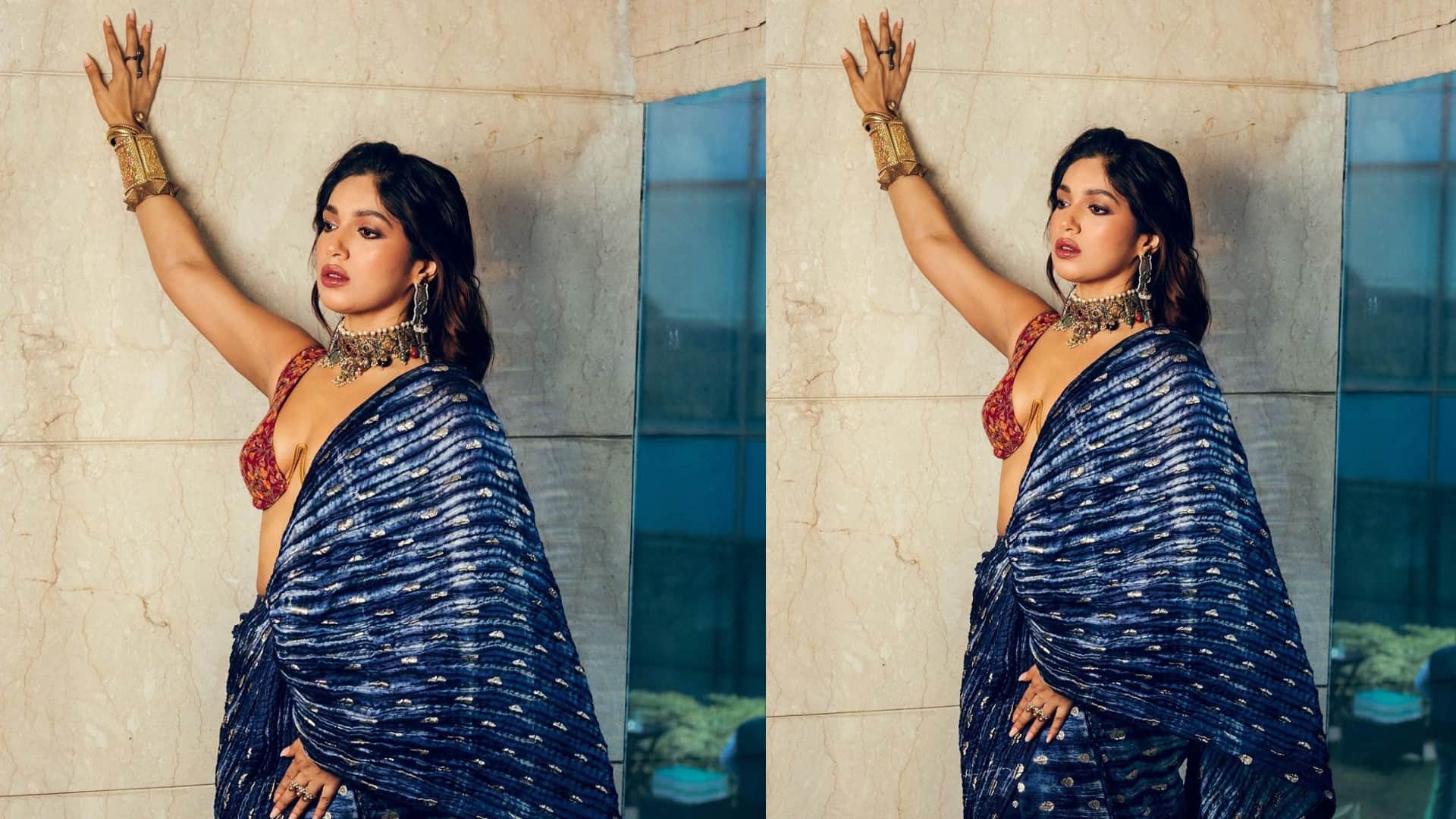 Bhumi Pednekar Bold Look in Blue Tie Dye Saree With Unique Designer Bralette Blouse