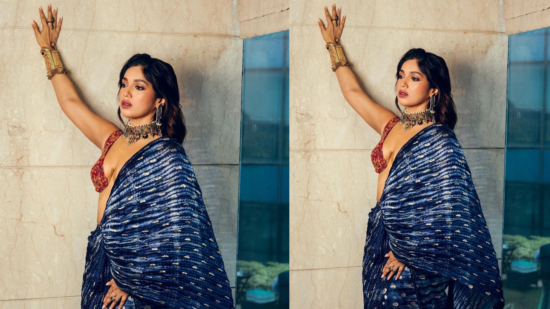 Bhumi Pednekar Bold Look in Blue Tie Dye Saree With Unique Designer Bralette Blouse