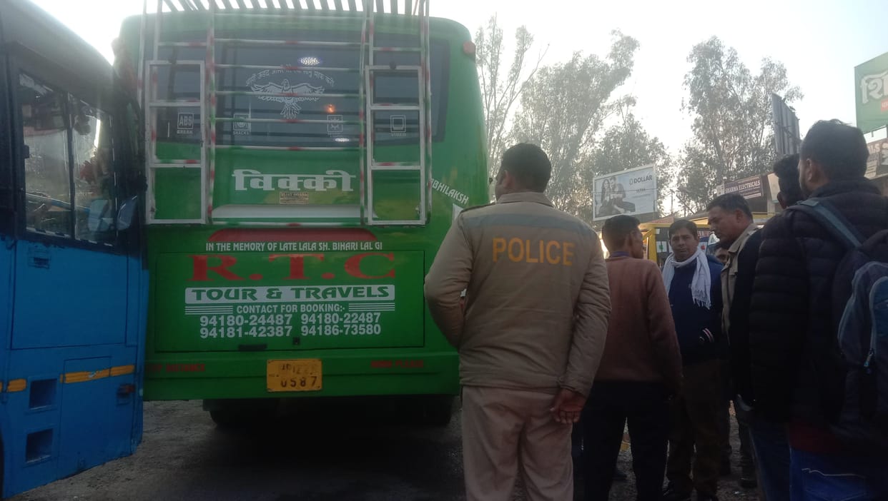 A private bus collided with an HRTC bus at the bus stand.