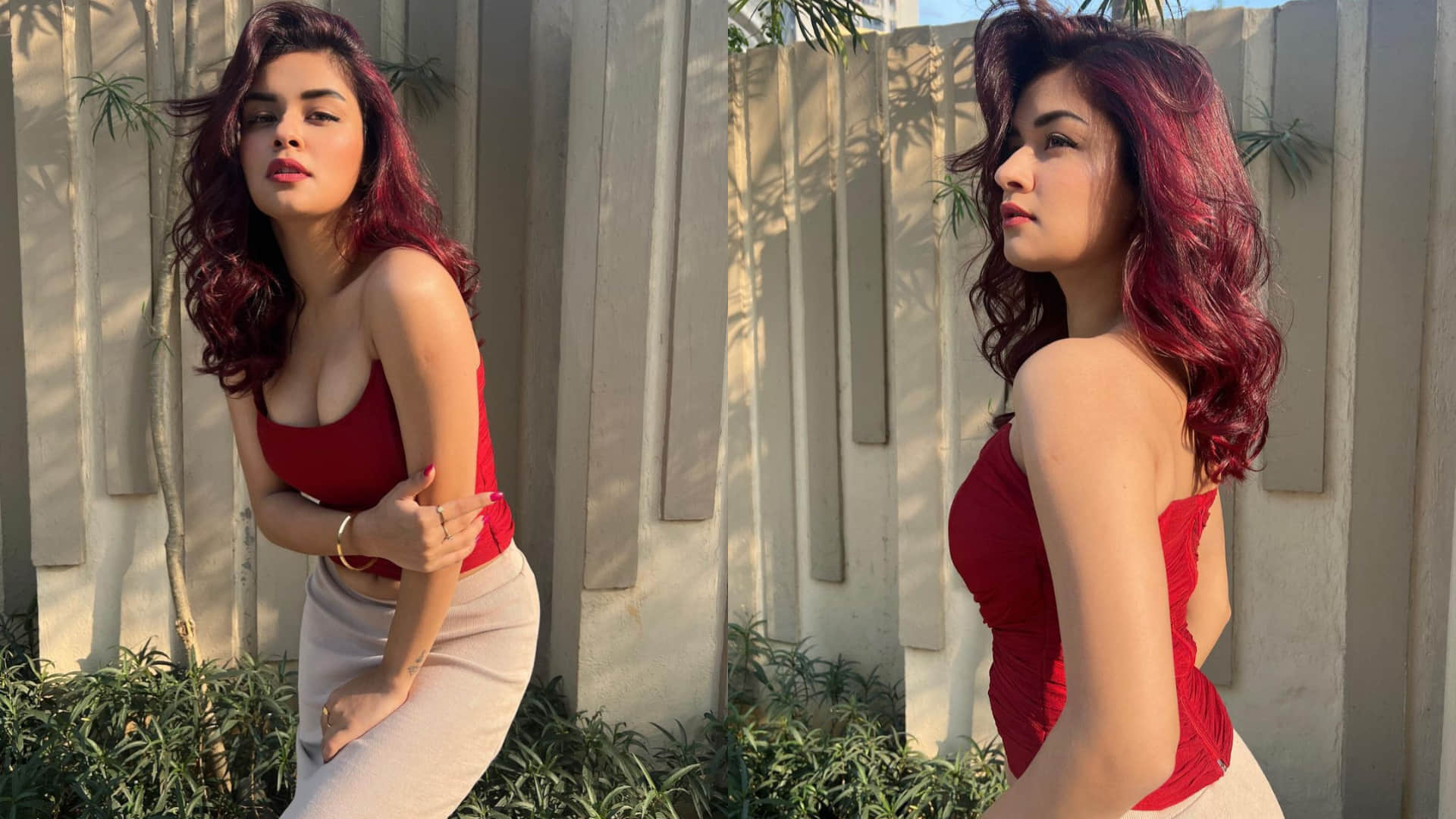 avneet kaur wear red off shoulder top with tight fitting skirt for latest photoshoot