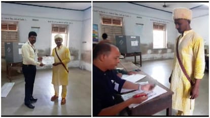 गुजरात के तापी में शादी छोड़कर वोट डालने पहुंचा शख्स।