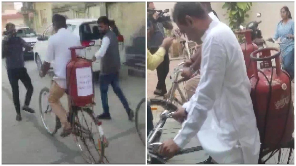 In Amreli, Congress candidate Paresh Dhanani went out on a bicycle to cast his vote with a cylinder