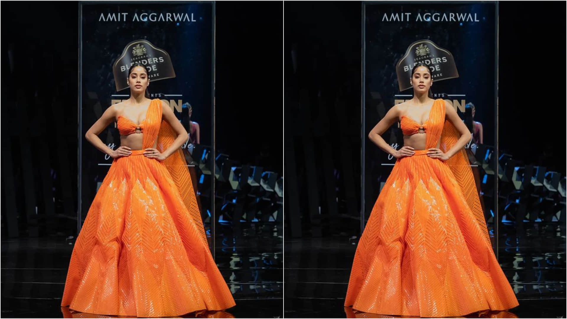 janhvi kapoor on ramp in orange lehenga with hot blouse design