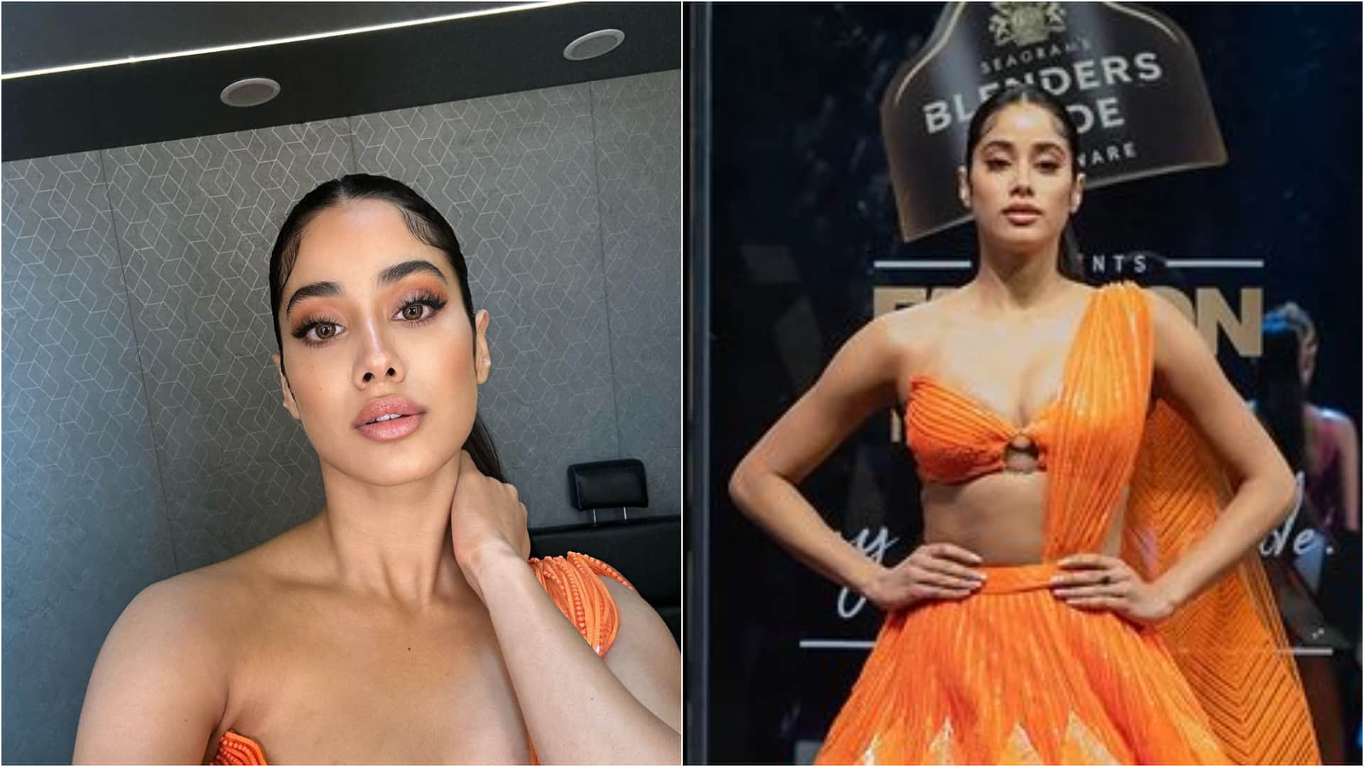 janhvi kapoor on ramp in orange lehenga with hot blouse design